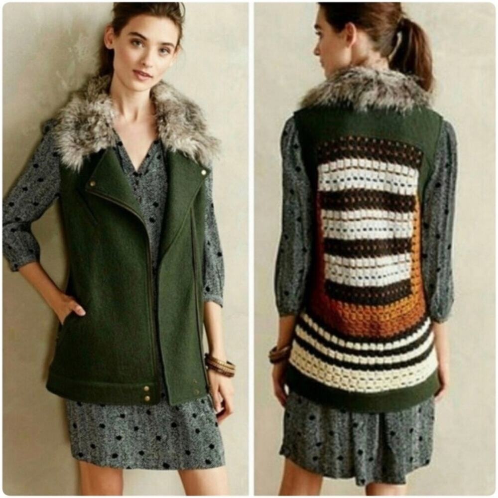 Elevenses Anthropologie Dark Green Salt Creek Vest Crochet Back Granny size XS